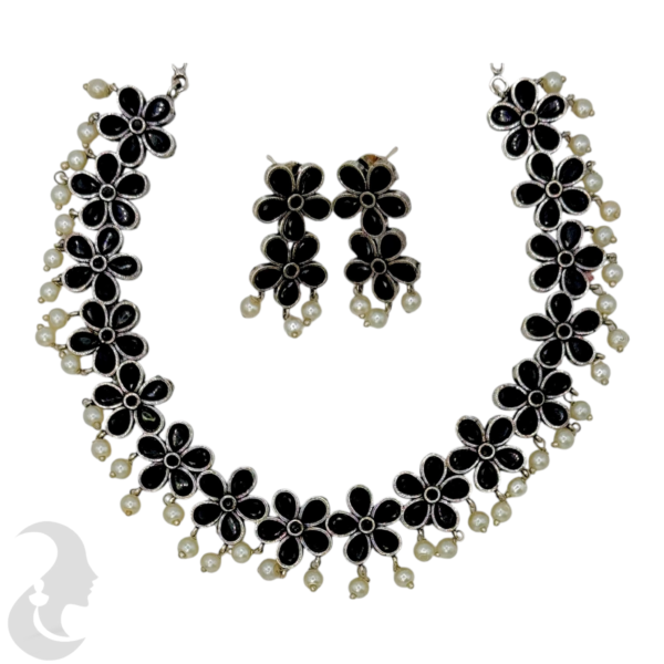 Silver Necklace- Flower Design- Black Color Stones- Studs, Product Code: V-1285