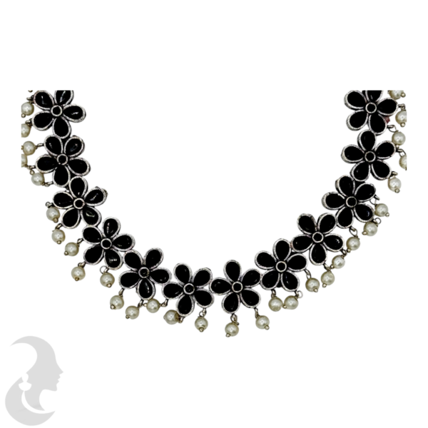 Silver Necklace- Flower Design- Black Color Stones- Studs, Product Code: V-1285 - Image 2