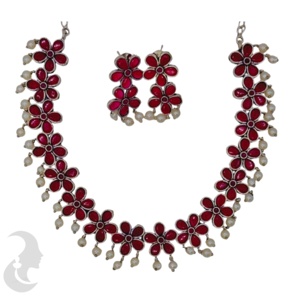 Silver Necklace- Flower Design- Ruby Color Stones- Studs, Product Code: V-1286