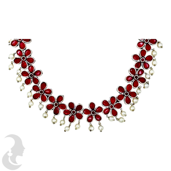 Silver Necklace- Flower Design- Ruby Color Stones- Studs, Product Code: V-1286 - Image 2