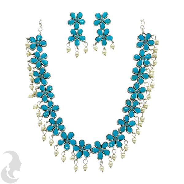 Silver Necklace- Flower Design- Blue Color Stones- Studs, Product Code: V-1287