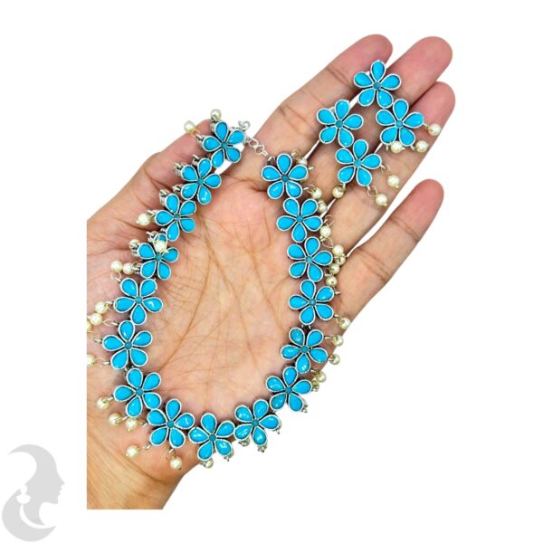 Silver Necklace- Flower Design- Blue Color Stones- Studs, Product Code: V-1287 - Image 2