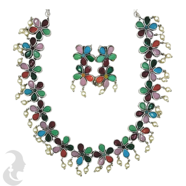 Silver Necklace- Flower Design- Multi Color Stones- Studs, Product Code: V-1288