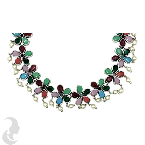 Silver Necklace- Flower Design- Multi Color Stones- Studs, Product Code: V-1288 - Image 2