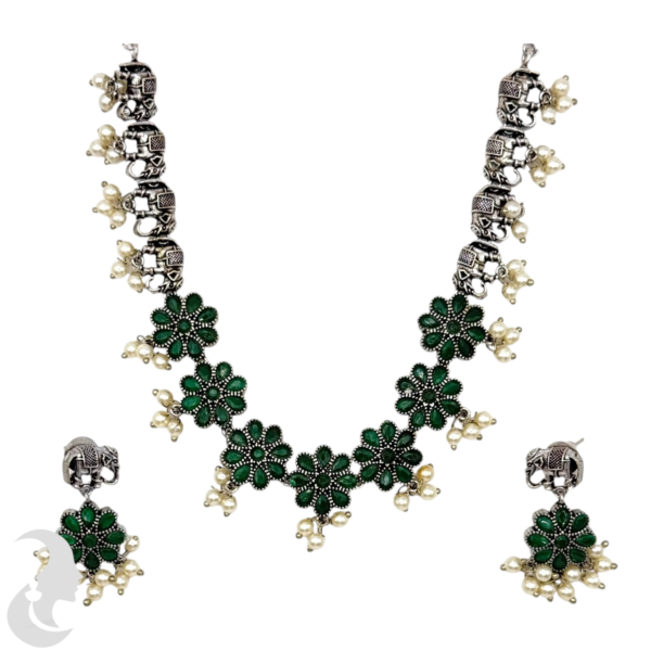 Black Silver Necklace- Elephant & Flower Design- Green Color Stones- Studs, Product Code: V-1289