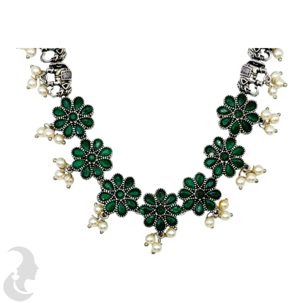 Black Silver Necklace- Elephant & Flower Design- Green Color Stones- Studs, Product Code: V-1289 - Image 2