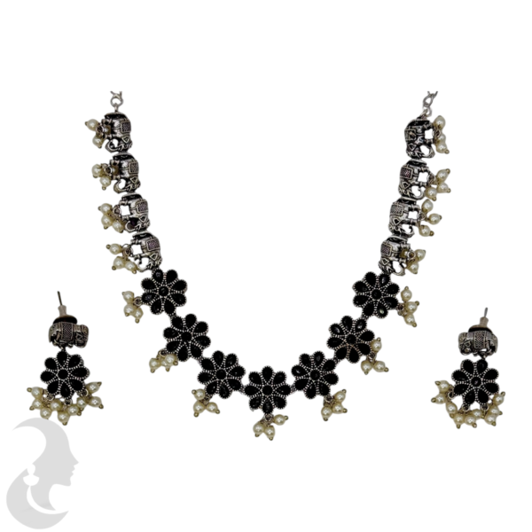 Black Silver Necklace- Elephant & Flower Design- Black Color Stones- Studs, Product Code: V-1290