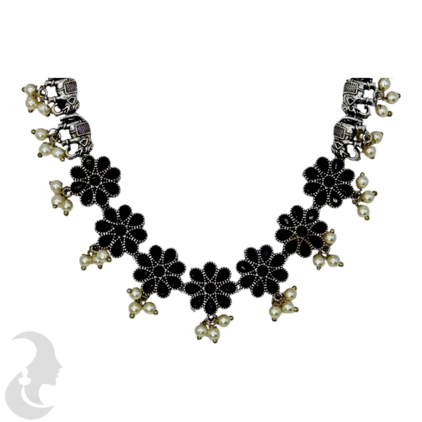 Black Silver Necklace- Elephant & Flower Design- Black Color Stones- Studs, Product Code: V-1290 - Image 2