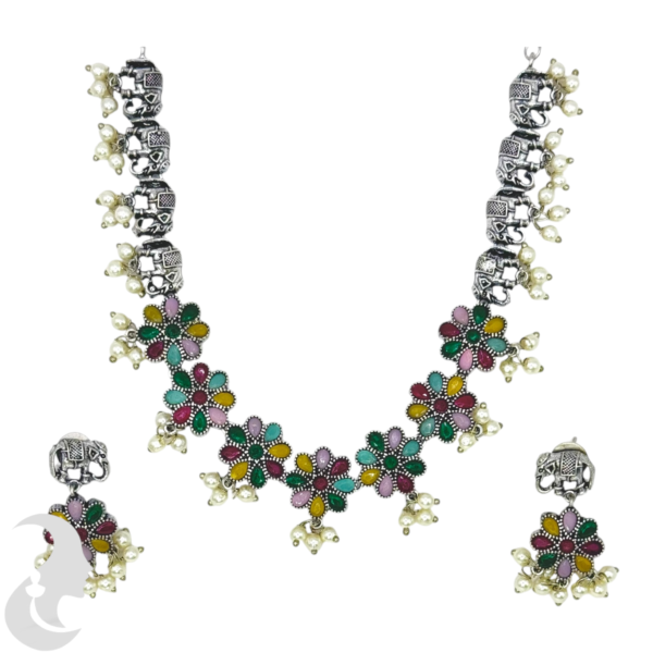 Black Silver Necklace- Elephant & Flower Design- Multi Color Stones- Studs, Product Code: V-1291