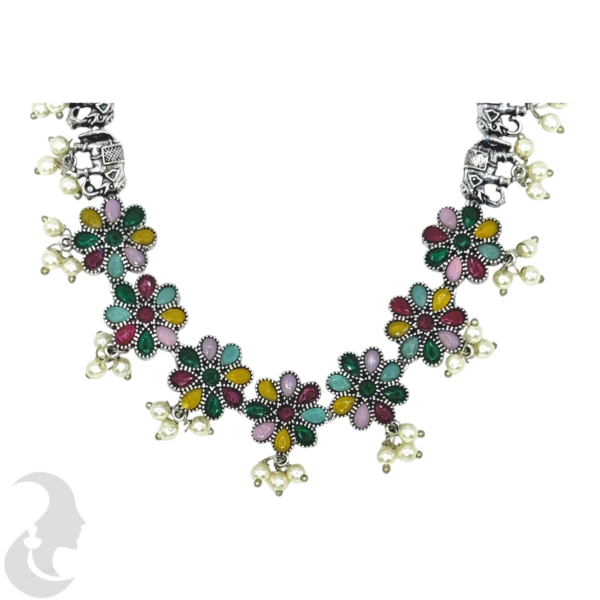 Black Silver Necklace- Elephant & Flower Design- Multi Color Stones- Studs, Product Code: V-1291 - Image 2