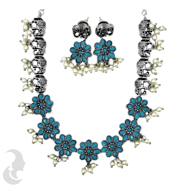 Black Silver Necklace- Elephant & Flower Design- Blue Color Stones- Studs, Product Code: V-1292