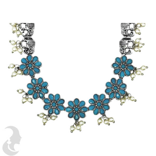 Black Silver Necklace- Elephant & Flower Design- Blue Color Stones- Studs, Product Code: V-1292 - Image 2