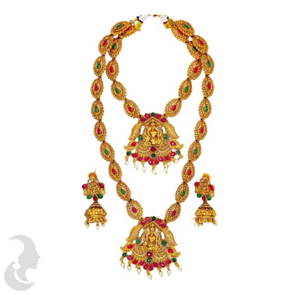 Combo Necklace- Matte Finish Lakshmi Pendant - Green & Ruby Color Stones- Jhumkas, Product Code: V-1034