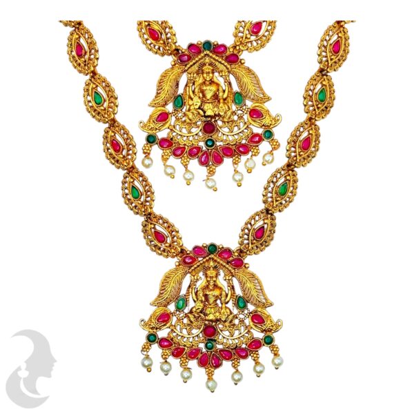 Combo Necklace- Matte Finish Lakshmi Pendant - Green & Ruby Color Stones- Jhumkas, Product Code: V-1034 - Image 2