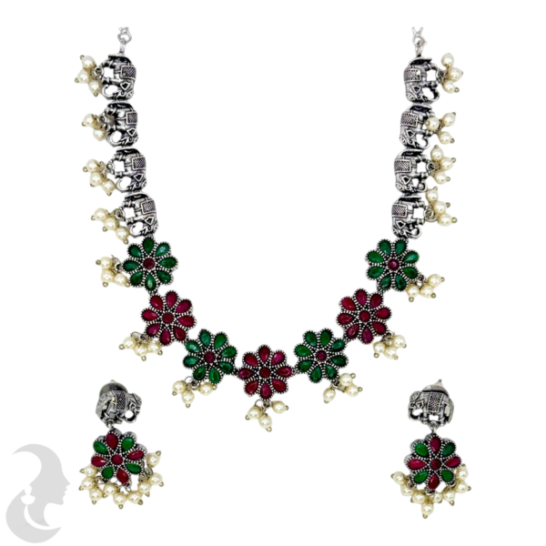 Black Silver Necklace- Elephant & Flower Design- Green & Ruby Color Stones- Studs, Product Code: V-1293