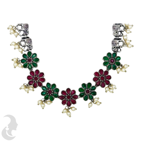 Black Silver Necklace- Elephant & Flower Design- Green & Ruby Color Stones- Studs, Product Code: V-1293 - Image 2