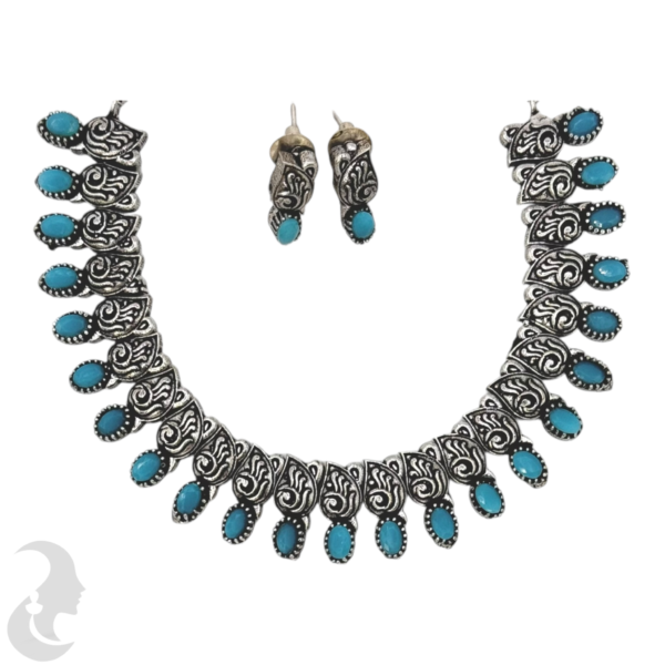 Black Silver Necklace- Mango Design- Blue Stones- Studs, Product Code: V-1294