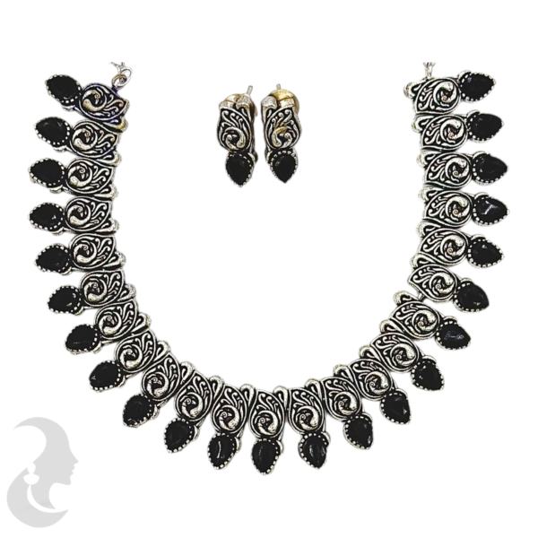 Black Silver Necklace- Mango Design- Black Stones- Studs, Product Code: V-1295