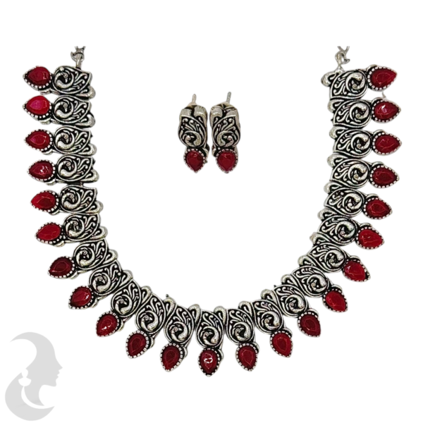 Black Silver Necklace- Mango Design- Ruby Color Stones- Studs, Product Code: V-1296