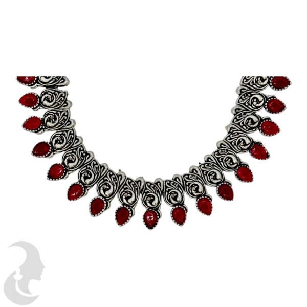 Black Silver Necklace- Mango Design- Ruby Color Stones- Studs, Product Code: V-1296 - Image 2