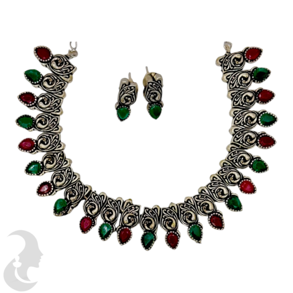 Black Silver Necklace- Mango Design- Ruby & Green Color Stones- Studs, Product Code: V-1297