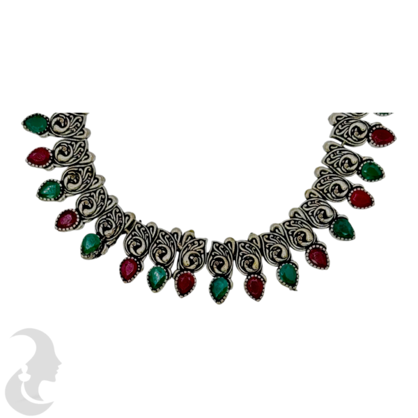 Black Silver Necklace- Mango Design- Ruby & Green Color Stones- Studs, Product Code: V-1297 - Image 2