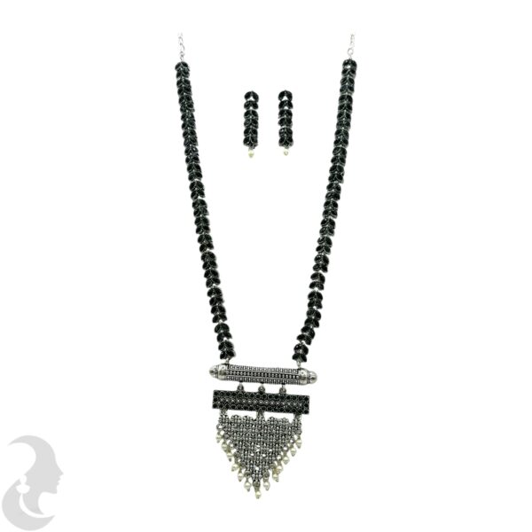 Black Silver Necklace- Leaf Design- Triangle Pendant - Black Color Stones- Studs, Product Code: V-1298