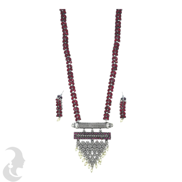 Black Silver Necklace- Leaf Design- Triangle Pendant - Ruby Color Stones- Studs, Product Code: V-1299