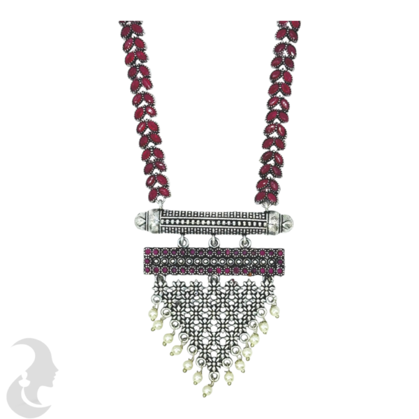 Black Silver Necklace- Leaf Design- Triangle Pendant - Ruby Color Stones- Studs, Product Code: V-1299 - Image 2