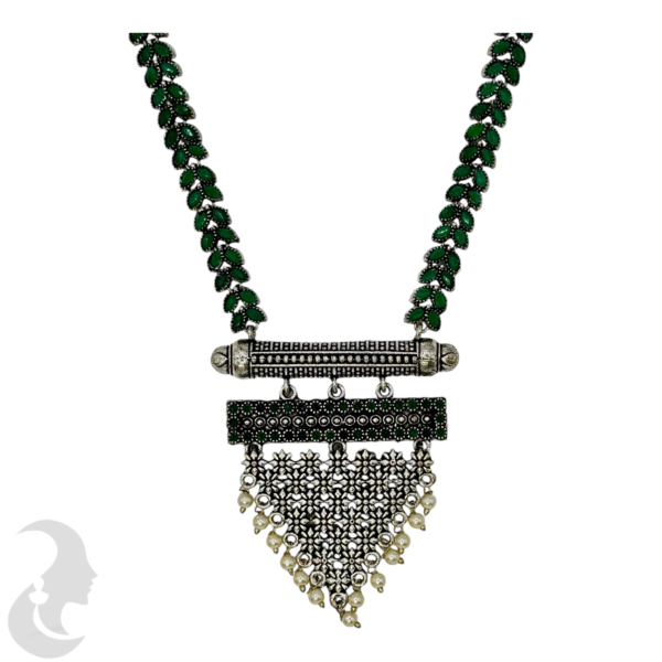 Black Silver Necklace- Leaf Design- Triangle Pendant - Green Color Stones- Studs, Product Code: V-1300 - Image 2