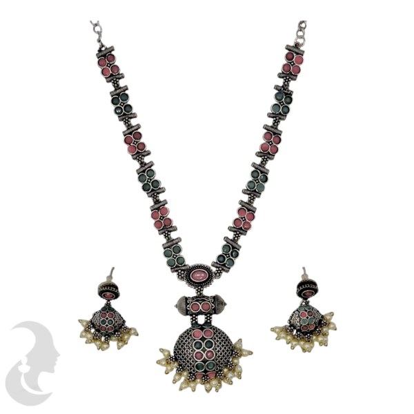 Black SIlver- Pendant - Mint & Pink Stones- Studs, Product Code: V-1302