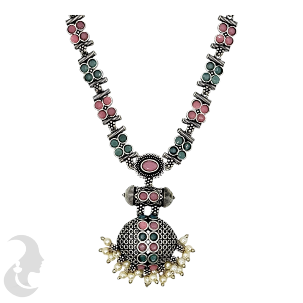 Black SIlver- Pendant - Mint & Pink Stones- Studs, Product Code: V-1302 - Image 2