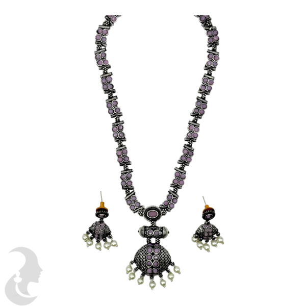 Black SIlver- Pendant - Baby Pink Stones- Studs, Product Code: V-1303