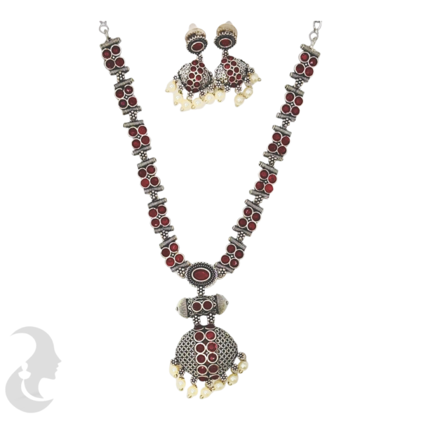 Black SIlver- Pendant - Ruby Color Stones- Studs, Product Code: V-1304