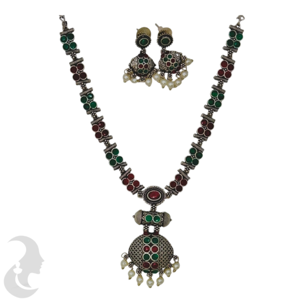 Black SIlver- Pendant - Green & Ruby Color Stones- Studs, Product Code: V-1305