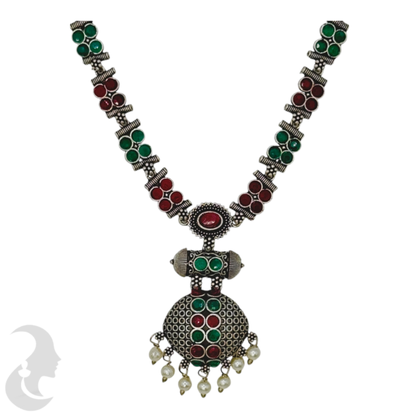 Black SIlver- Pendant - Green & Ruby Color Stones- Studs, Product Code: V-1305 - Image 2