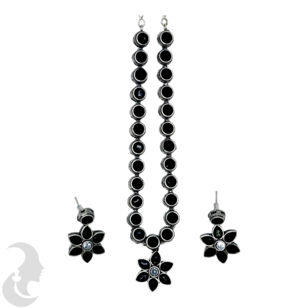 Black Silver Necklace- Flower Pendant- Black Color Stones- Studs, Product Code: V-1306