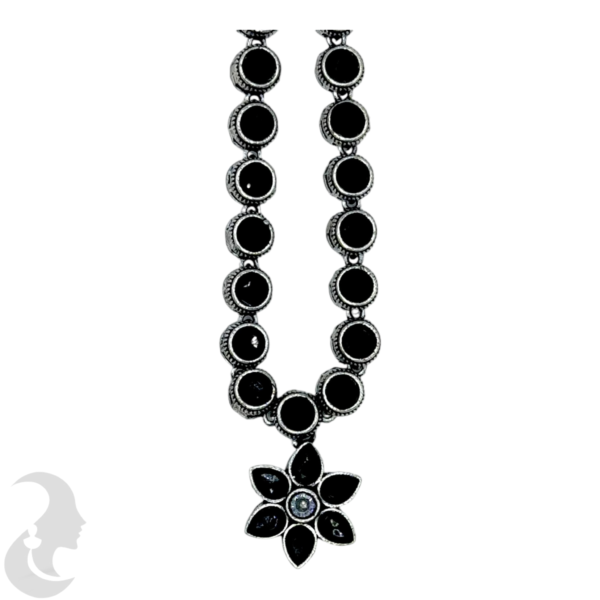 Black Silver Necklace- Flower Pendant- Black Color Stones- Studs, Product Code: V-1306 - Image 2