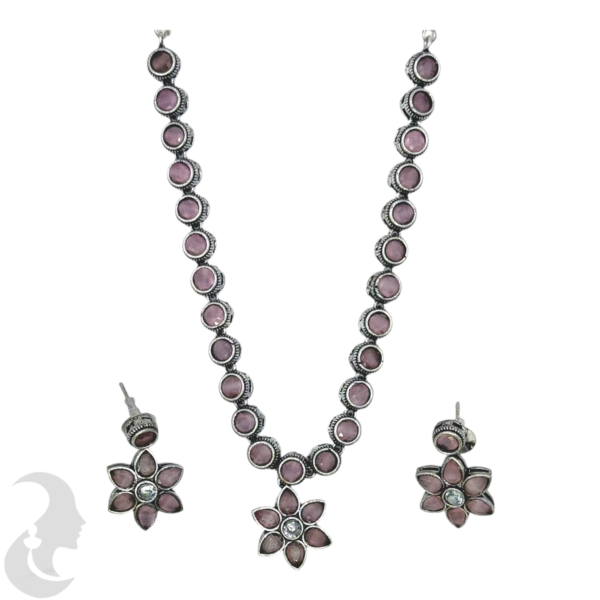 Black Silver Necklace- Flower Pendant- Pink Color Stones- Studs, Product Code: V-1307