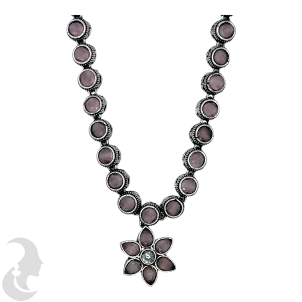 Black Silver Necklace- Flower Pendant- Pink Color Stones- Studs, Product Code: V-1307 - Image 2