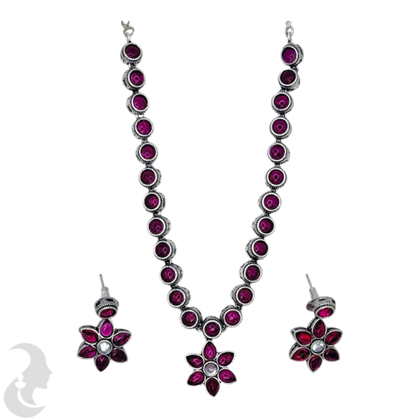 Black Silver Necklace- Flower Pendant- Ruby Color Stones- Studs, Product Code: V-1308