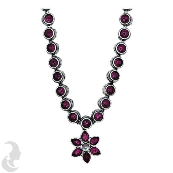 Black Silver Necklace- Flower Pendant- Ruby Color Stones- Studs, Product Code: V-1308 - Image 2