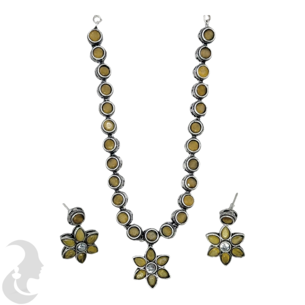 Black Silver Necklace- Flower Pendant- Yellow Color Stones- Studs, Product Code: V-1309