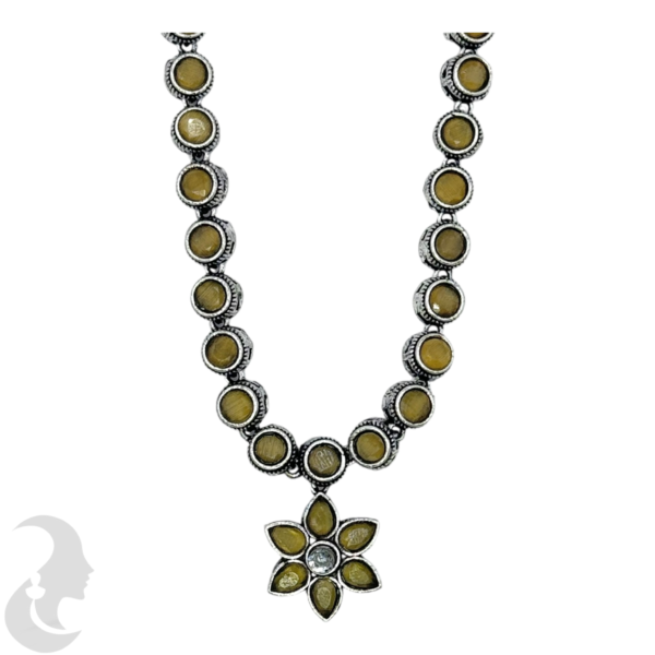 Black Silver Necklace- Flower Pendant- Yellow Color Stones- Studs, Product Code: V-1309 - Image 2