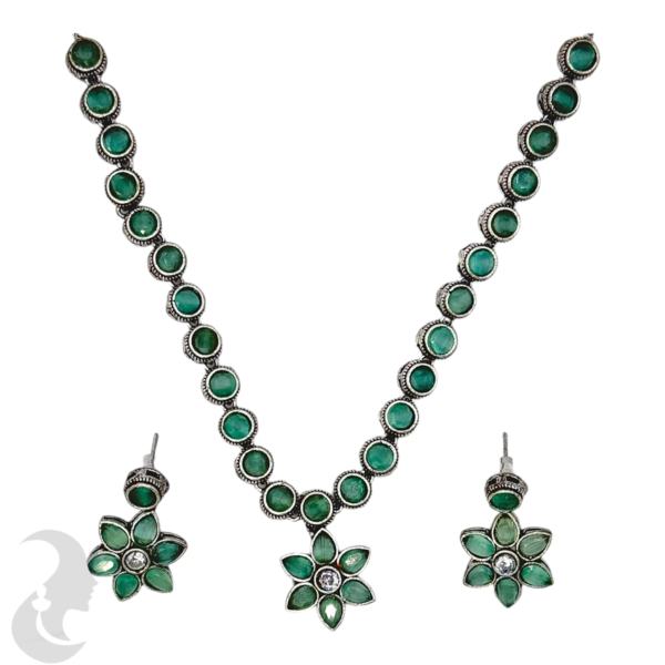 Black Silver Necklace- Flower Pendant- Mint Color Stones- Studs, Product Code: V-1310