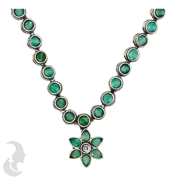 Black Silver Necklace- Flower Pendant- Mint Color Stones- Studs, Product Code: V-1310 - Image 2