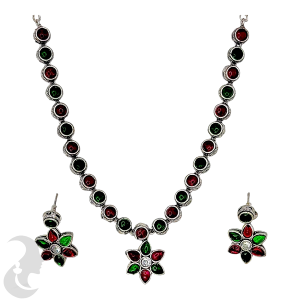 Black Silver Necklace- Flower Pendant- Green & Ruby Color Stones- Studs, Product Code: V-1311