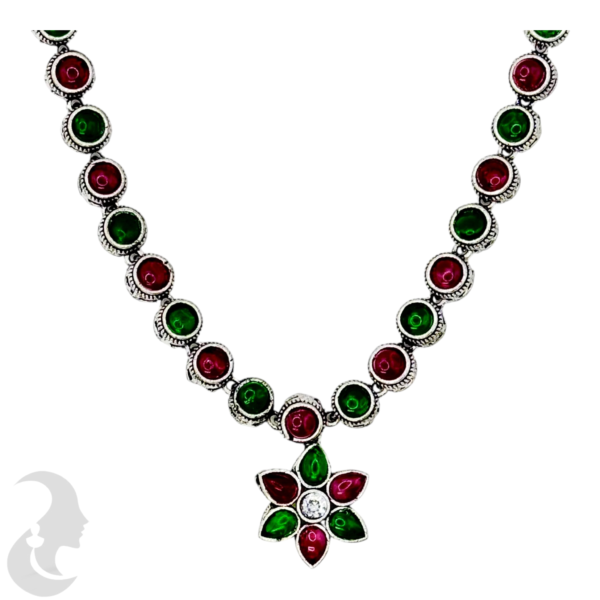 Black Silver Necklace- Flower Pendant- Green & Ruby Color Stones- Studs, Product Code: V-1311 - Image 2