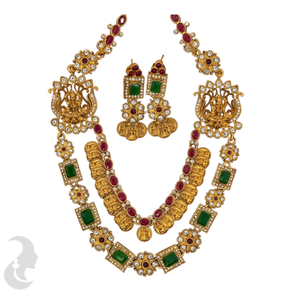 Lakshmi & Coin Necklace - Green & Ruby Color Stone- Studs, Product Code: V-1036