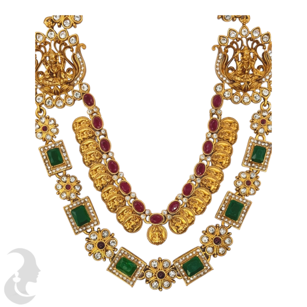 Lakshmi & Coin Necklace - Green & Ruby Color Stone- Studs, Product Code: V-1036 - Image 2